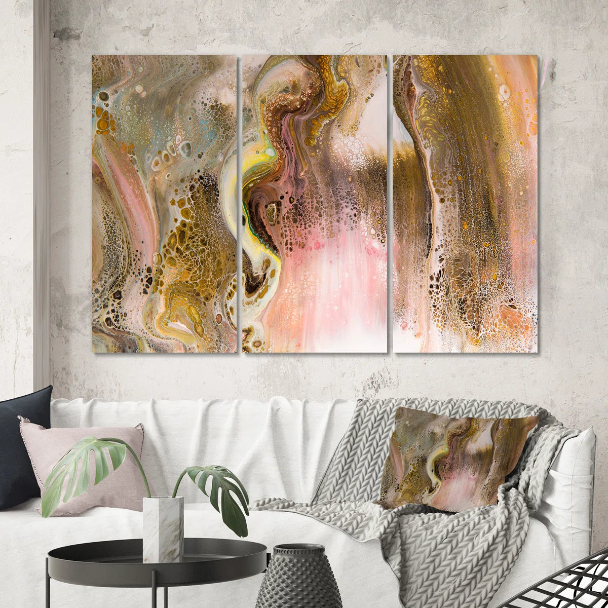 Brown Colour Abstract, Stains And Gold Glow Stripes - Modern Canvas Wall Art Print