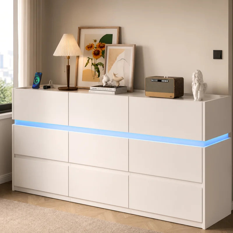 White 9 Drawer Dresser w/ Led Light