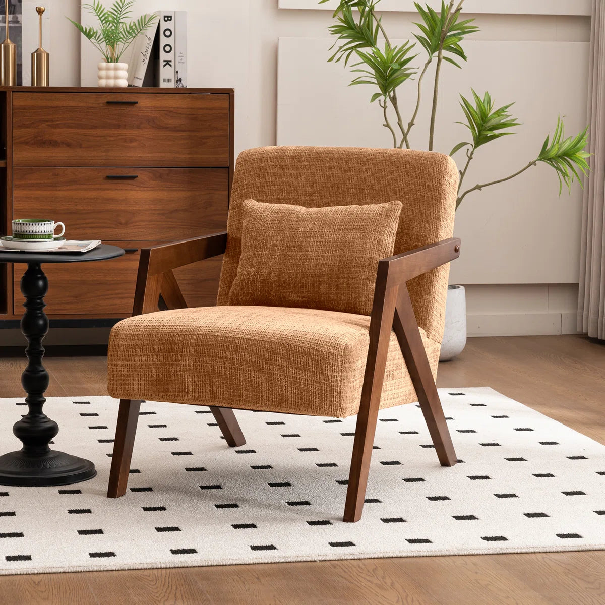 Juriana Mid Century Modern Upholstered Solid Wood Accent Armchair with an Extra Pillow