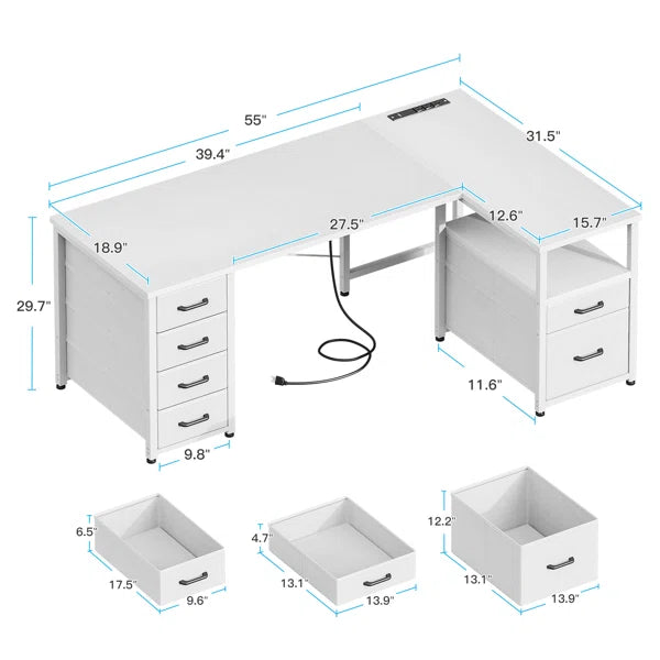 L-shaped Desk With 5-tier Under-desk Drawers