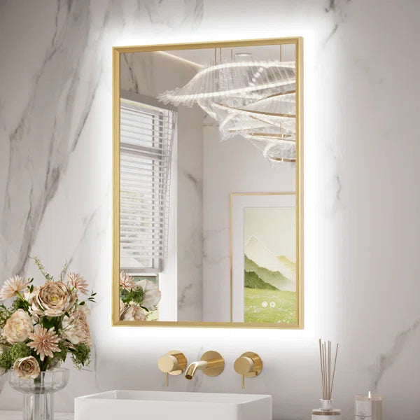 LED Bathroom Mirror with Backlit,Bathroom Vanity Mirror, Metal Framed Beveled Edge, 3 Colour Lights, Safe Defogging
