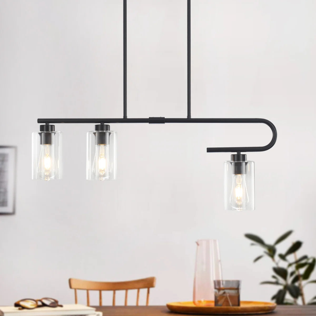 3 - Light Modern Linear Kitchen Island Dimmable Pendant With Clear Glass Shades