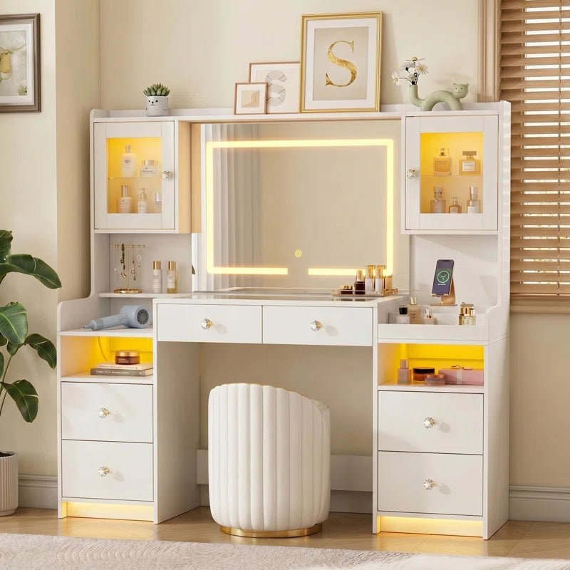 62" Large White Makeup Vanity Desk With 2 Cabinets & Glass Top, Mirror & LED Lights & Power Outlet