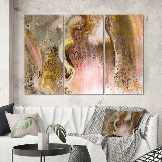 Brown Colour Abstract, Stains And Gold Glow Stripes - Modern Canvas Wall Art Print