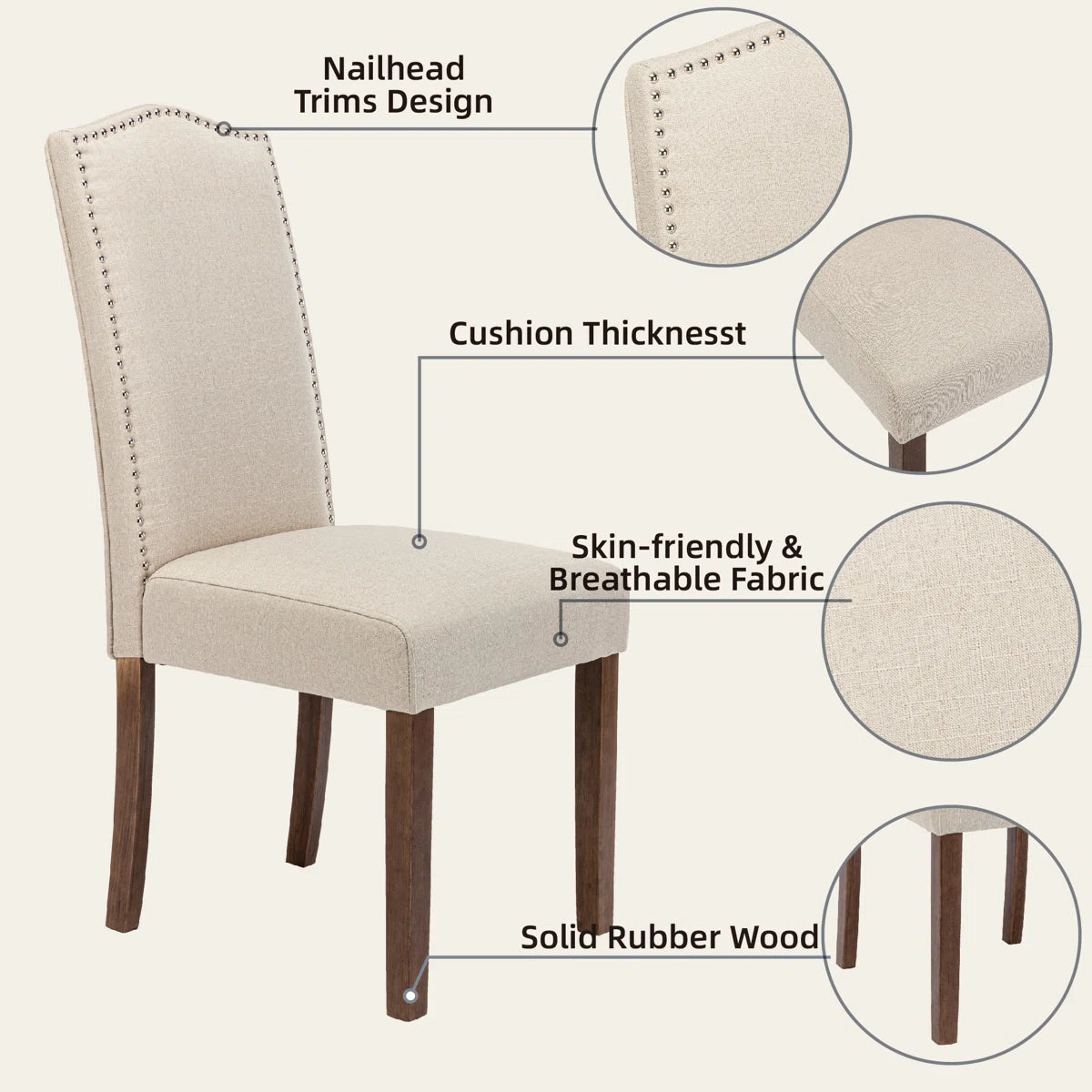 Behare Linen Full Back Side Chair Dining Chair with Nailhead Trim