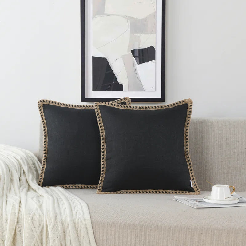 Farmhouse Trimmed Burlap Linen Polyester Pillow Cover (Set of 2)