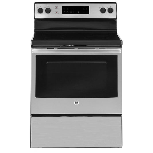 Cuisinière électrique GE, électrique, largeur extérieure de 30 po, autonettoyante, 4 brûleurs, capacité de 5 pi³, tiroir de rangement, 1 four, couleur acier inoxydable - JCB630SKSS