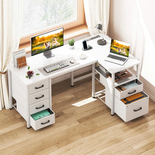 L-shaped Desk With 5-tier Under-desk Drawers