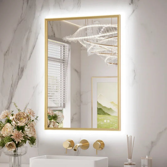 LED Bathroom Mirror with Backlit,Bathroom Vanity Mirror, Metal Framed Beveled Edge, 3 Colour Lights, Safe Defogging