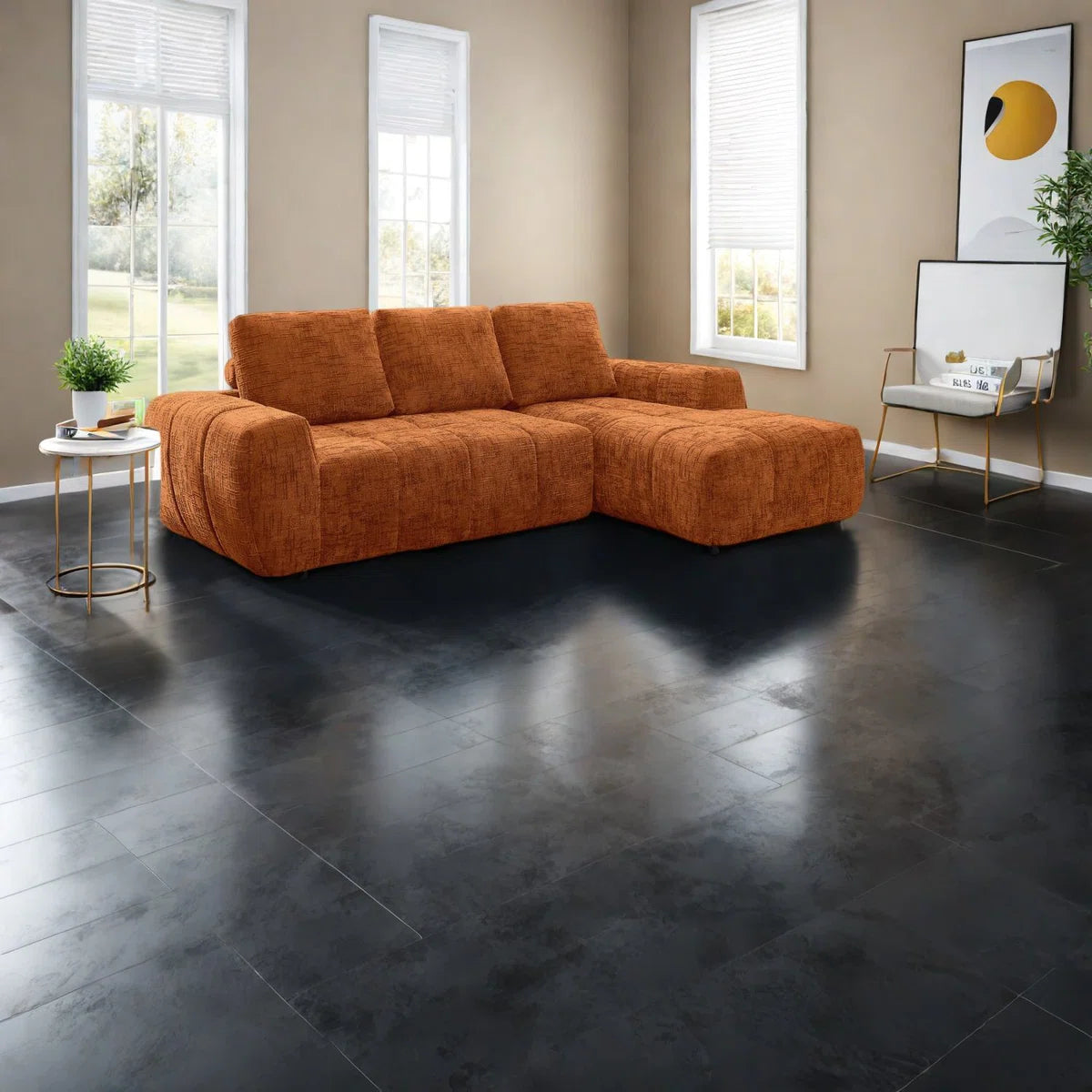 Spacious Orange Sectionals Sofa, Premium Chenille, Modern Style For Living Room