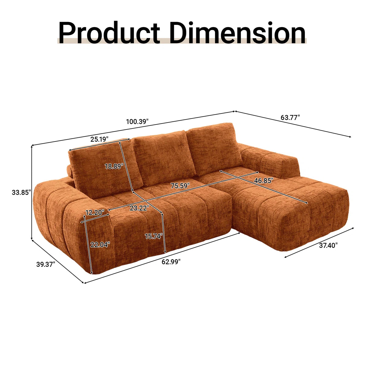 Spacious Orange Sectionals Sofa, Premium Chenille, Modern Style For Living Room