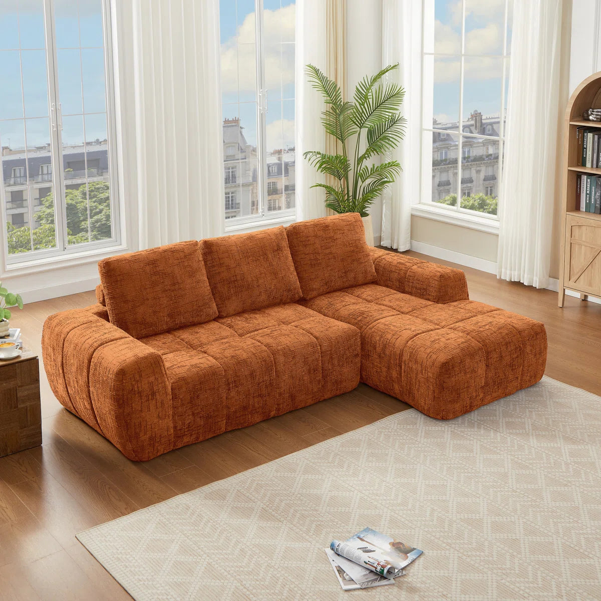 Spacious Orange Sectionals Sofa, Premium Chenille, Modern Style For Living Room