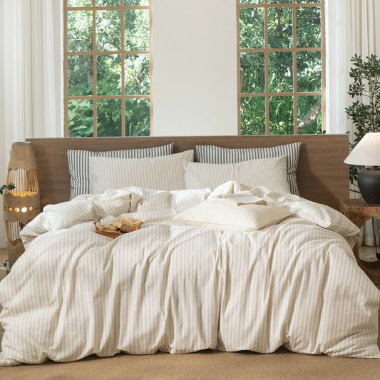 Striped Duvet Cover Set 100% Washed Cotton Linen Like Textured
